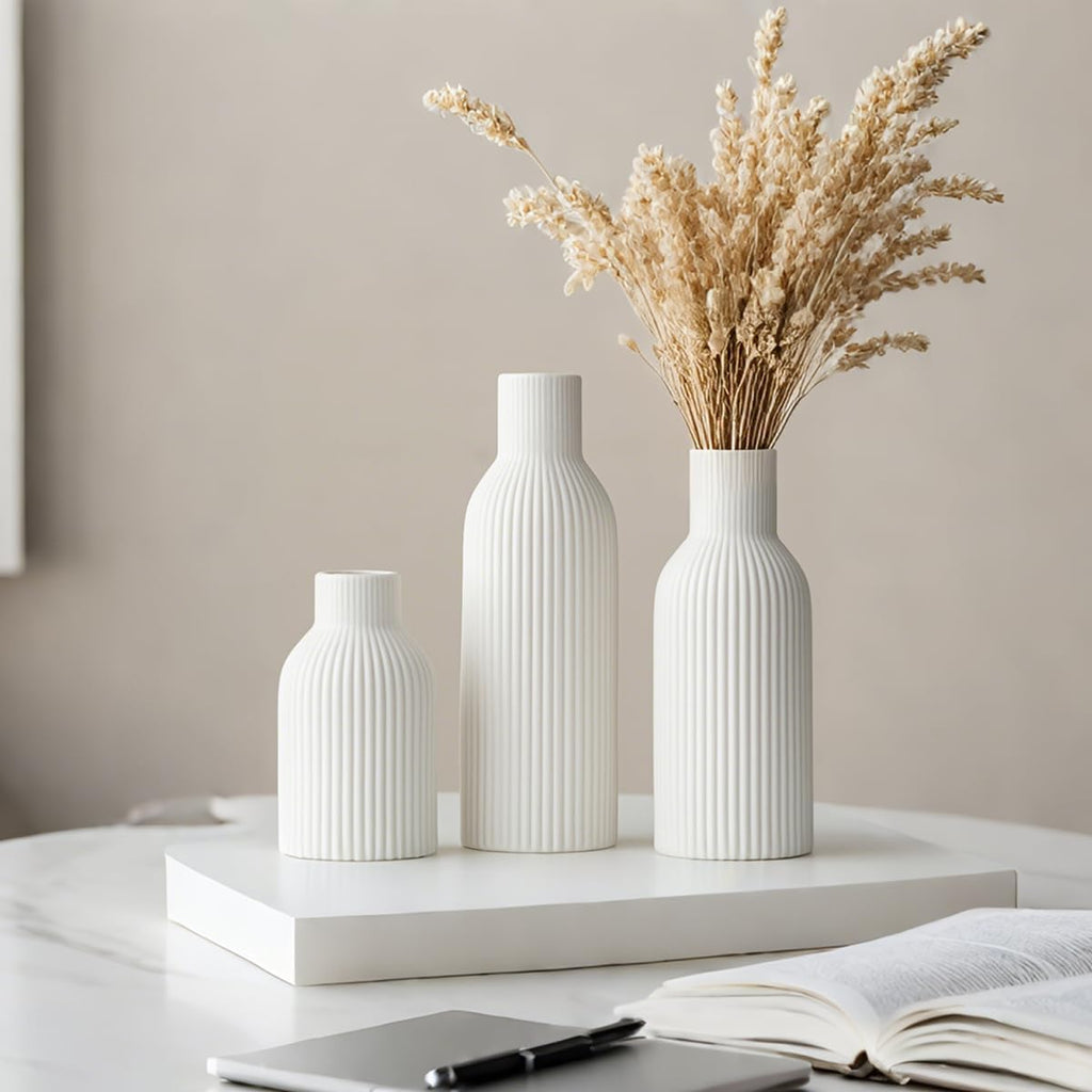 Modern Ceramic Vases Set of 3, White Ribbed Decorative Vases, Shelf Table Centerpiece for Home Decor, Birthday Gifts for Women, Mom, Grandma Decorative (White)