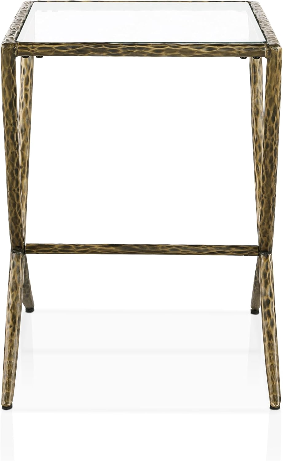 24/7 Shop at Home Lalia Modern 22-inch Metal Side Table with Tempered Glass Tabletop, Hammered Forged Steel Frame for Bedroom, Living Room, Home Office, Matte Gold