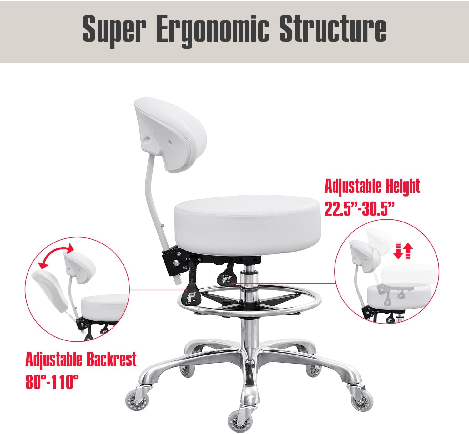 Grace&Grace Drafting Chair Big Cushion Rolling Stool with Back, Tall Shop Stool Rolling Chair with Footrest for Studio, Workshop, Classroom, Lab, Counter, Home Office (White)