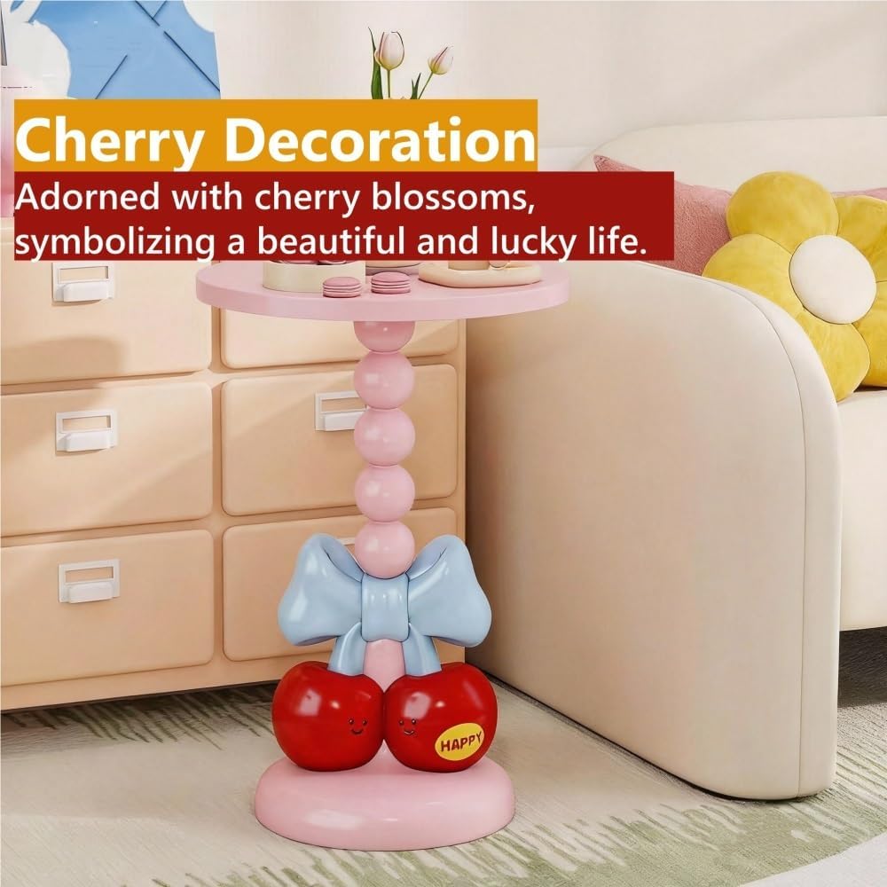 Creative Small Side Table with Bow and Cherry Decoration, Decorative End Table with Wooden Tabletop, Round Accent Table for Small Spaces, Bedroom(Pink)