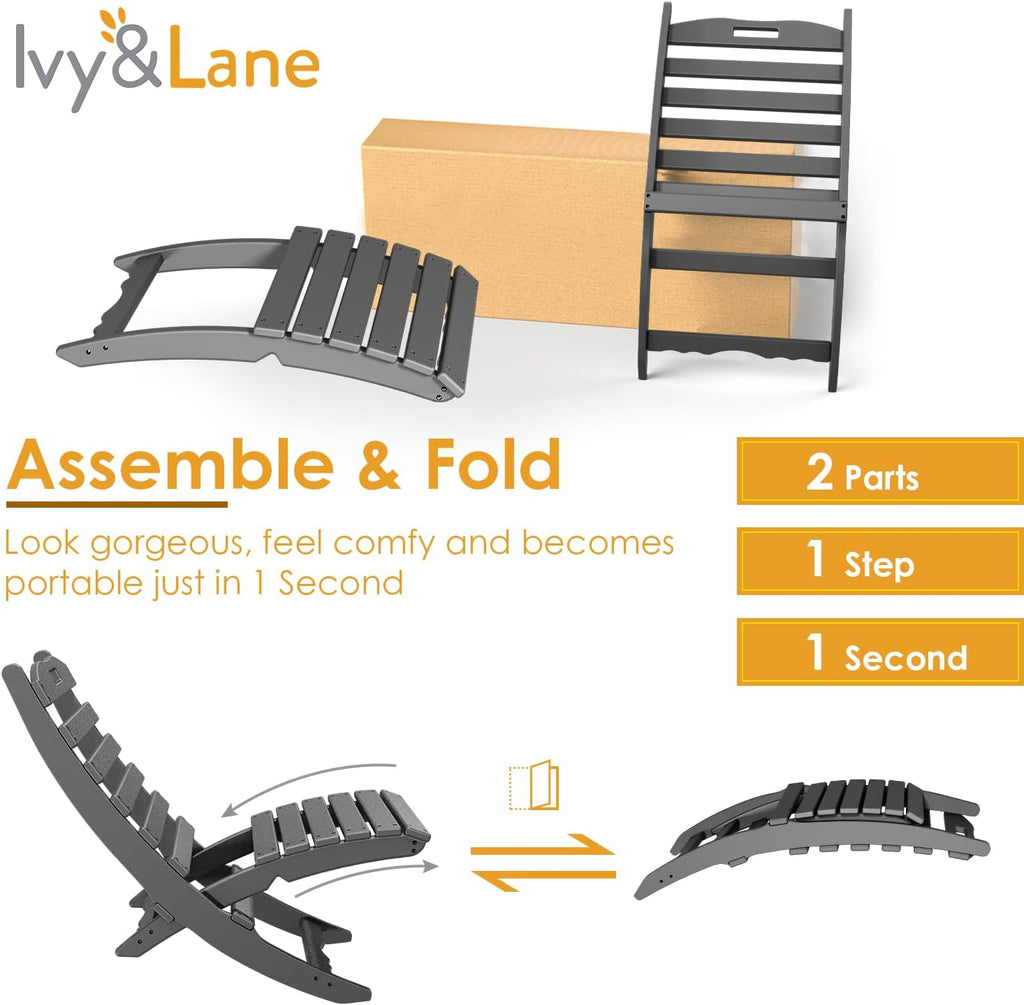 IVY&LANE Portable Xavier-Chairs Set of 2 | Folding-Adirondack-Chair | HDPE Plastic | Wave | Grey | All-Weather Resistant | for Outdoor Poolside Fire-Pit Patio Lawn Beach