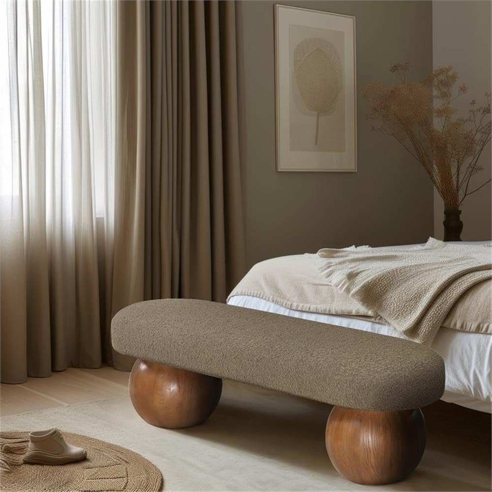 Pemberly Row Contemporary Boucle Fabric Bench, 59.5" W, Olive Green Upholstery, Walnut Ash Wood Ball-Shaped Legs, Art Deco Style, Living Room or Bedroom Accent Seating