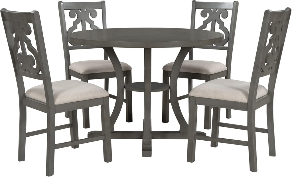 Merax 5 Piece Round Dining Table Set 4 Retro Chairs with Special-Shaped Table Legs, Exquisitely Designed Hollow Chair Back for Dining Room, Grey