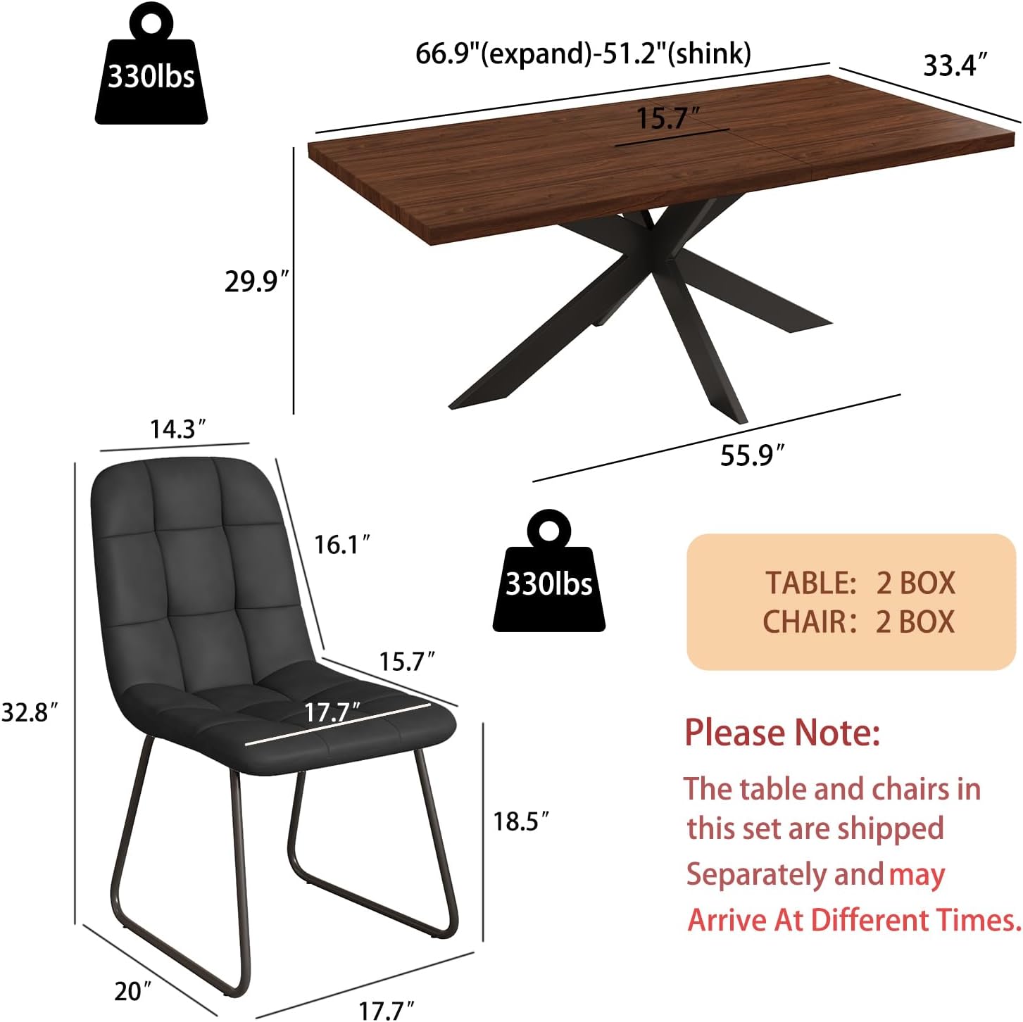 ZckyCine 7-Piece Dining Table Set with 51"-67" Extendable Walnut Wood Table and 6 PU Leather Chairs, Modern Rectangular Kitchen Table Set with Metal Legs, Seats 6, Easy Assembly