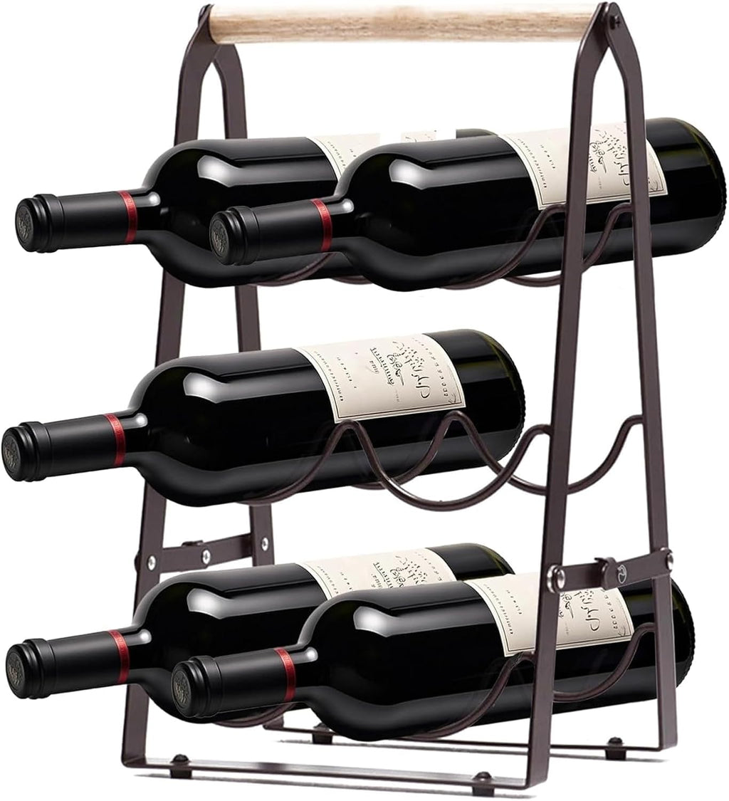Wine Rack, 6-Bottle Foldable Wine Racks Countertop with Wooden Handle, 3-Tier No Assembly Wine Bottle Holder for Home Bar, Kitchen, Wine Cellar Storage (Black)