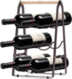 Wine Rack, 6-Bottle Foldable Wine Racks Countertop with Wooden Handle, 3-Tier No Assembly Wine Bottle Holder for Home Bar, Kitchen, Wine Cellar Storage (Black)