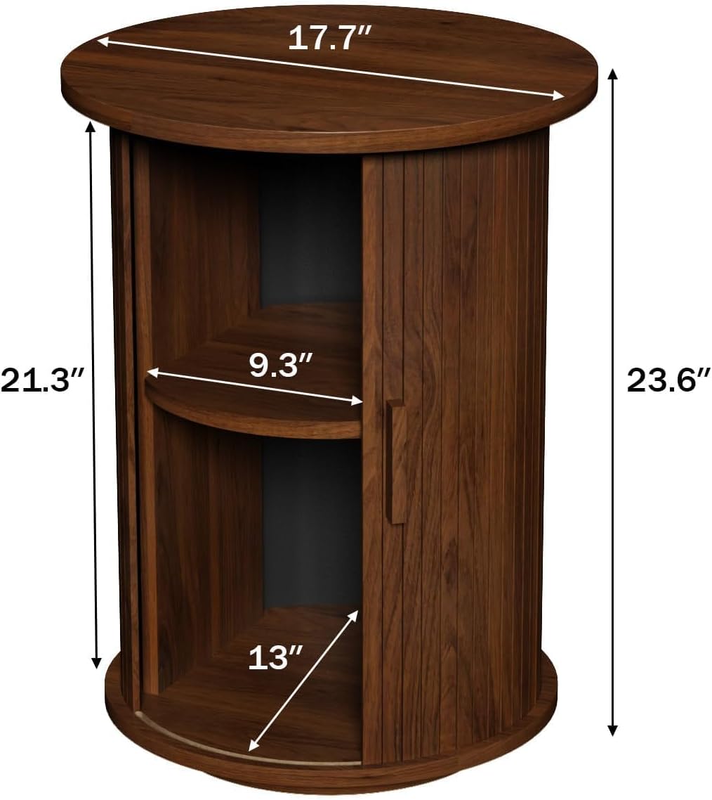 Wnutrees Round Fluted End Table, Small Accent Pedestal Side Table with Sliding Door & 2 Tier Storage Shelf, Wood Fluted Nightstand Bedside Table for Living Room, Bedroom, Brown