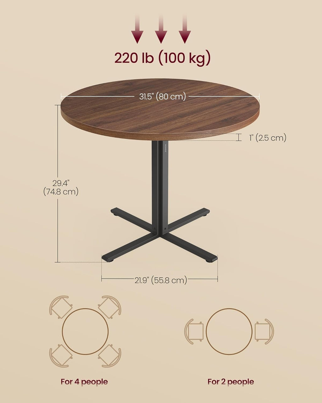 Small Round Dining Table for 4, 31.5-Inch Water-Resistant Kitchen Table for Dining Room, Living Room, or Farmhouse, Somber Walnut