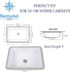Nantucket Sinks GB-17x13-W Undermount Bathroom Sink – 17"x13" Rectangular White Bowl Bath Vanity Sink, Glazed Bottom for Open Console, w Overflow – Ceramic, High Gloss, Stain & Scratch Resistant