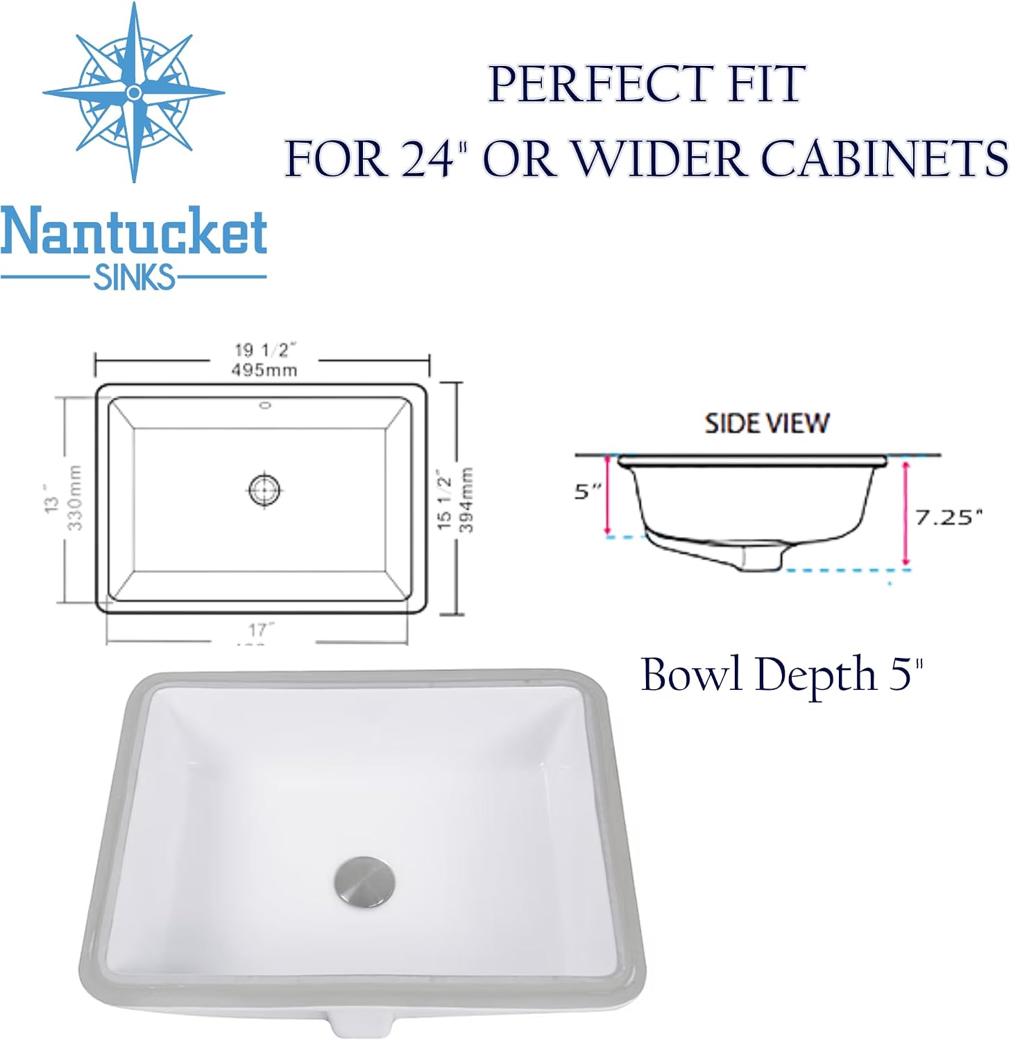 Nantucket Sinks GB-17x13-W Undermount Bathroom Sink – 17"x13" Rectangular White Bowl Bath Vanity Sink, Glazed Bottom for Open Console, w Overflow – Ceramic, High Gloss, Stain & Scratch Resistant