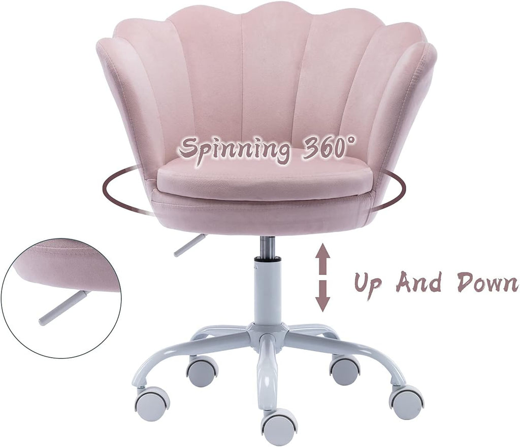 chairus Cute Kids Desk Chair Velvet Living Room Accent Armchair Upholstered Teens Vanity Chair with Seashell Back, Adjustable Swivel Children Study Chair for Computer Homework, Pink