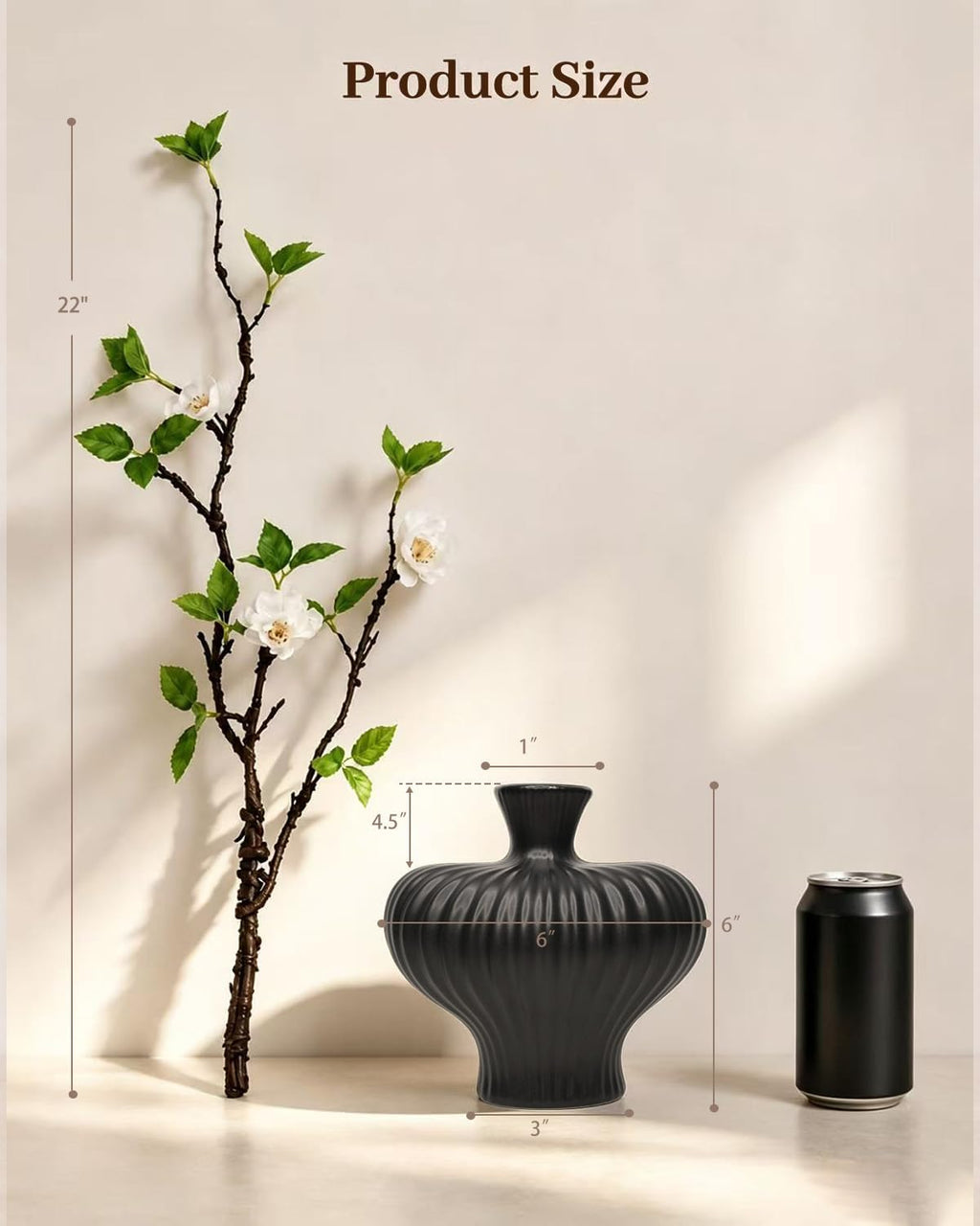 22'' Budded Faux Stem with Vase, 1pcs Artificial Greenery Plant for Centerpiece Table Decorations, Fake Branches in Vase for Farmhouse Living Room Bathroom Office Kitchen Decor - Black