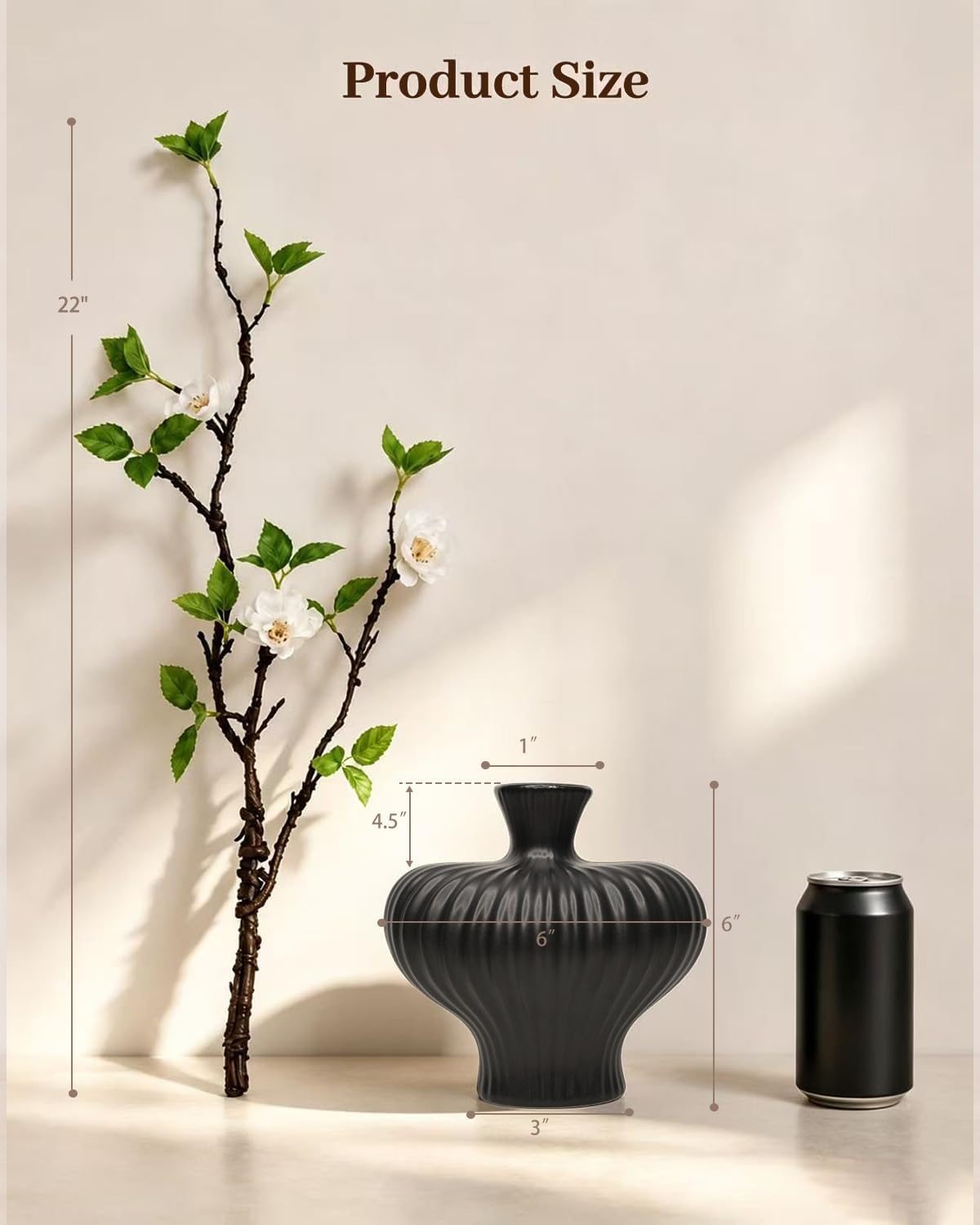 22'' Budded Faux Stem with Vase, 1pcs Artificial Greenery Plant for Centerpiece Table Decorations, Fake Branches in Vase for Farmhouse Living Room Bathroom Office Kitchen Decor - Black