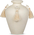 Large Decorative Ceramic Vase with Tassels, 9.4" White Boho Flower Vase with Handles, Textured Rustic Farmhouse Vases for Home Decor, Table Centerpiece, Living Room, Entryway, Wedding, Party Decor