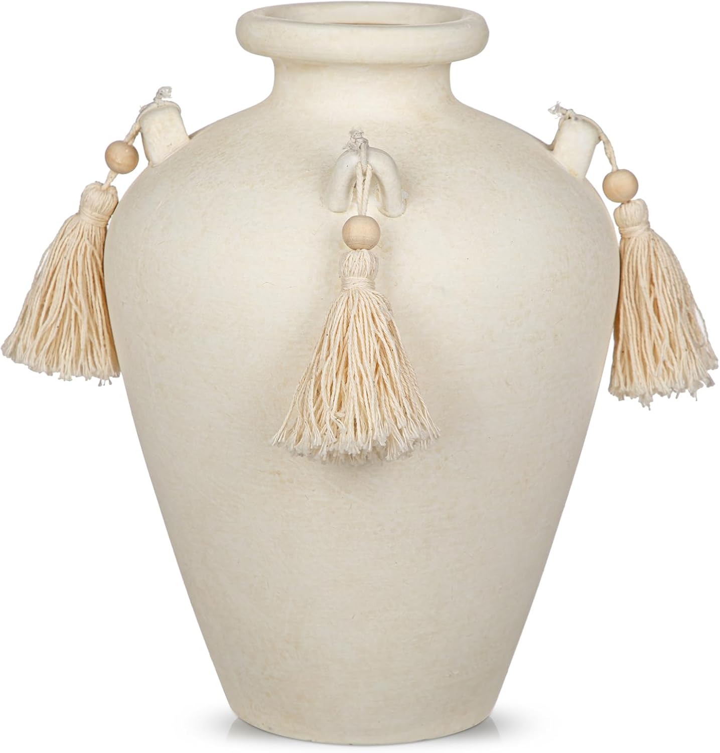 Large Decorative Ceramic Vase with Tassels, 9.4" White Boho Flower Vase with Handles, Textured Rustic Farmhouse Vases for Home Decor, Table Centerpiece, Living Room, Entryway, Wedding, Party Decor
