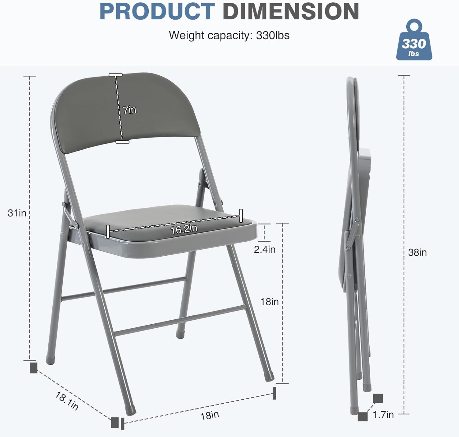 DUMOS 2 Pack Folding Chairs with Padded Cushion and Back - PU Leather Stackable Portable Dining Chairs Set, for Home and Office, Conference, Wedding, Party, Patio, Garden, for Indoor Outdoor, Grey