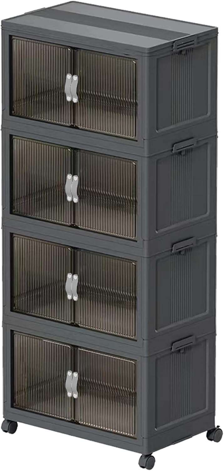 51QT Stackable Storage Bins with Lids & Wheels - Foldable Cabinet Clear Door Plastic Organizer Containers for Home, Garage, Pantry Organization - Collapsible Design Gray 4T