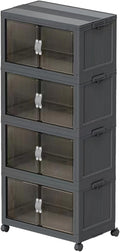 51QT Stackable Storage Bins with Lids & Wheels - Foldable Cabinet Clear Door Plastic Organizer Containers for Home, Garage, Pantry Organization - Collapsible Design Gray 4T