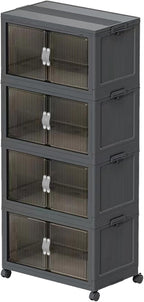 51QT Stackable Storage Bins with Lids & Wheels - Foldable Cabinet Clear Door Plastic Organizer Containers for Home, Garage, Pantry Organization - Collapsible Design Gray 4T