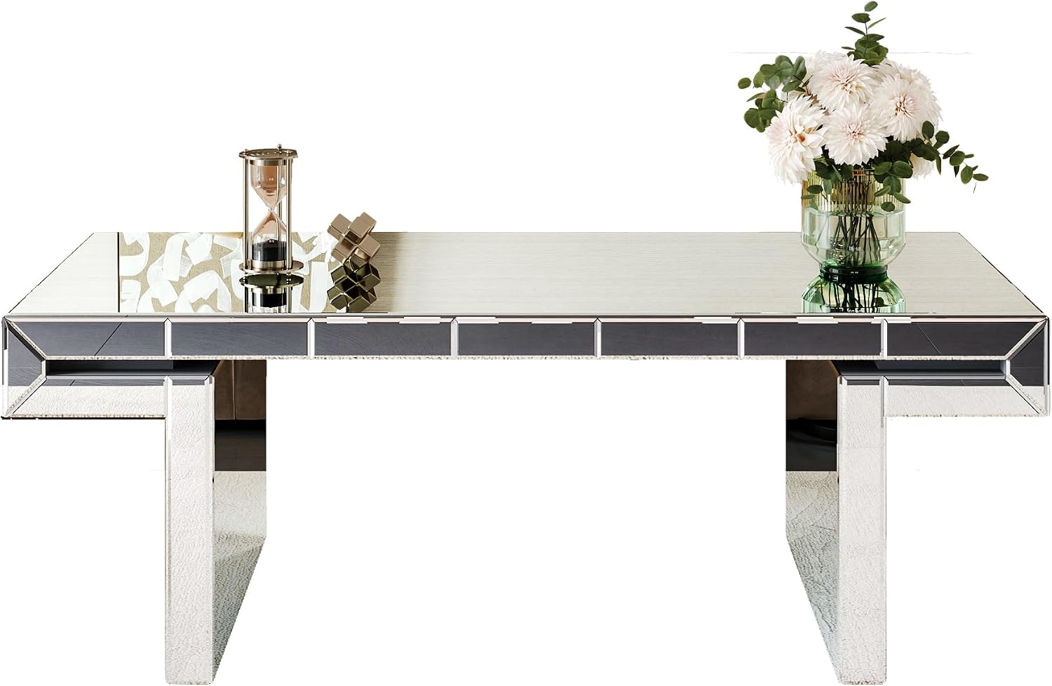 47 Inches Luxury Rectangular Mirror Coffee Table with Tempered Glass, Sofa Side Table, Easy 2 Step Assembly, Light Luxury Style, Reinforced Packaging