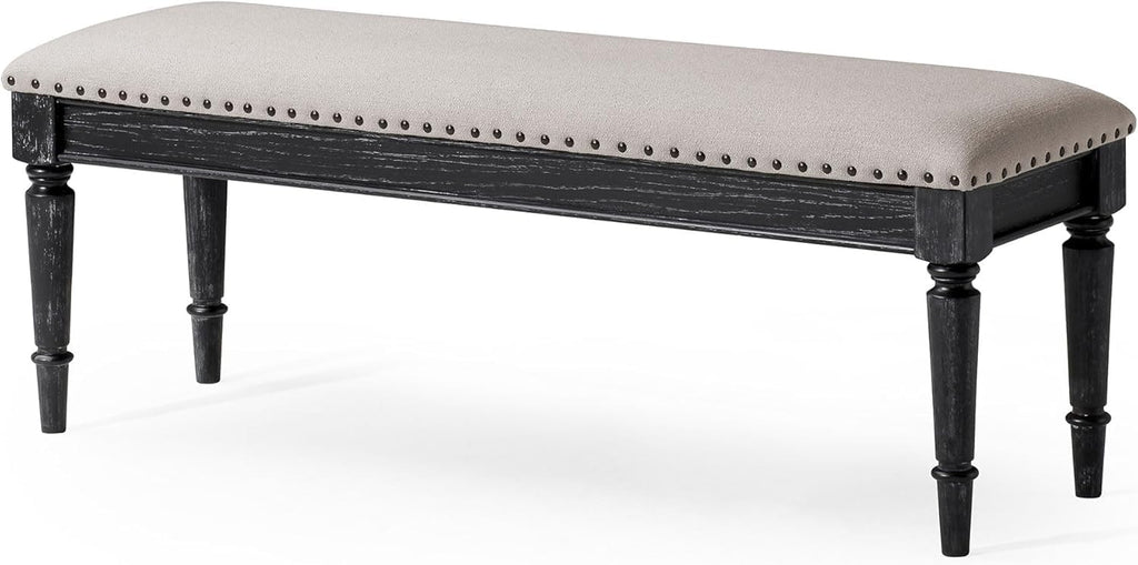 Maven Lane Elizabeth Traditional Wooden Upholstered Bench, Padded Seat for Kitchen Dining Room Table or Entryway in Antiqued Black Finish