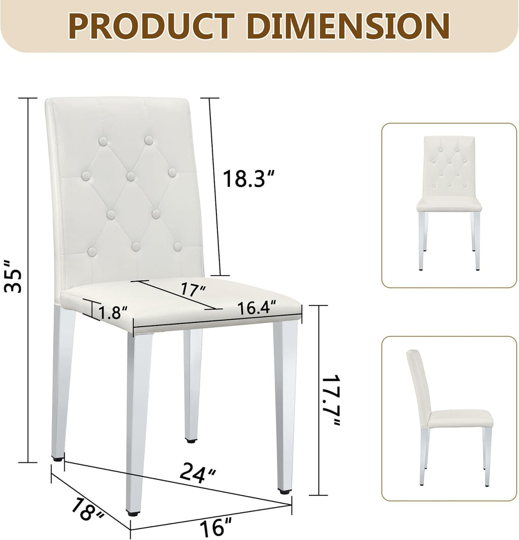 Modern Dining Chairs Set of 4, Button Tufted Upholstered Parsons Chairs with Silver Metal Legs, White PU Leather Kitchen Chair for Dining Room, Kitchen, Restaurant