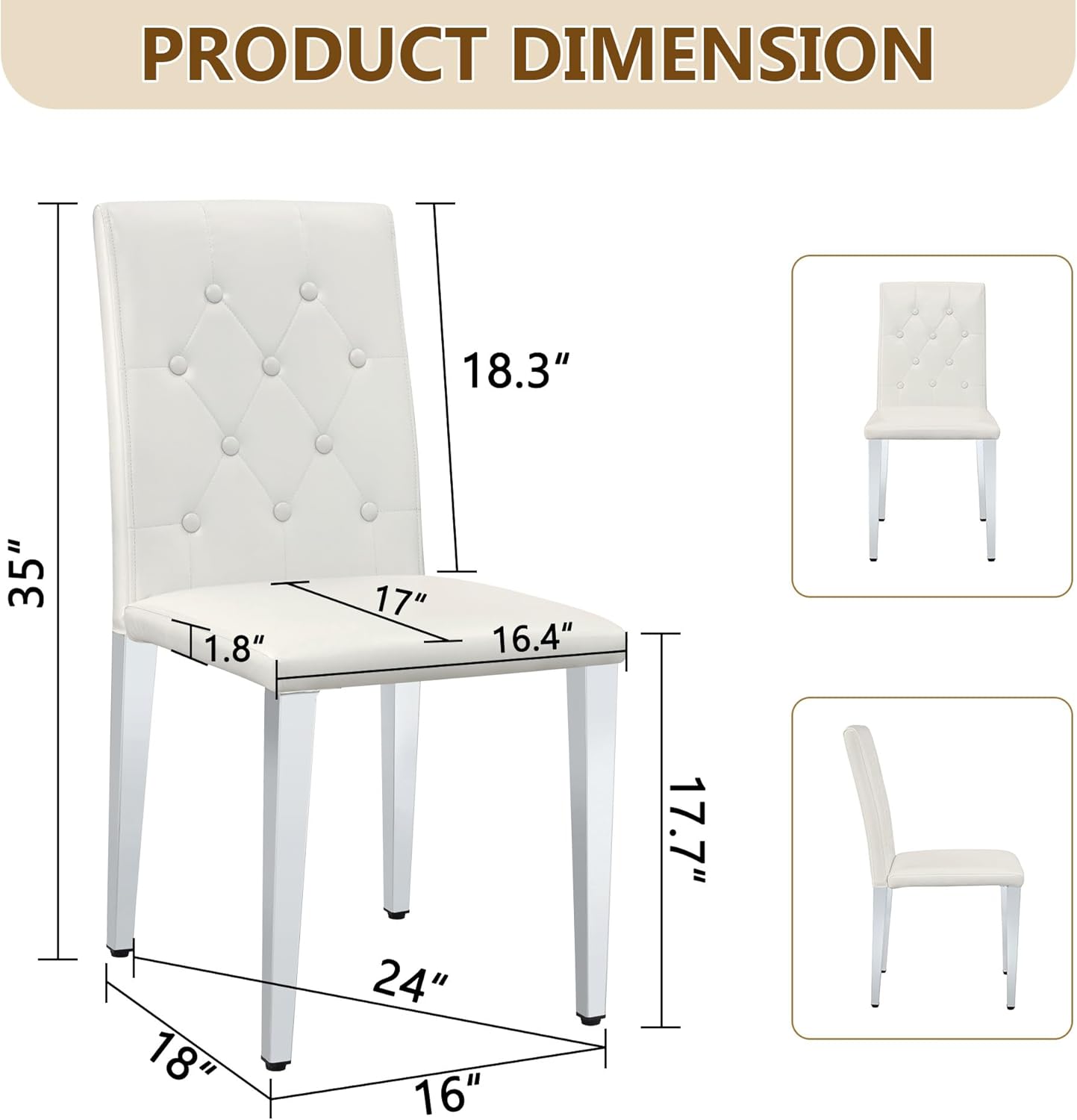 Modern Dining Chairs Set of 4, Button Tufted Upholstered Parsons Chairs with Silver Metal Legs, White PU Leather Kitchen Chair for Dining Room, Kitchen, Restaurant
