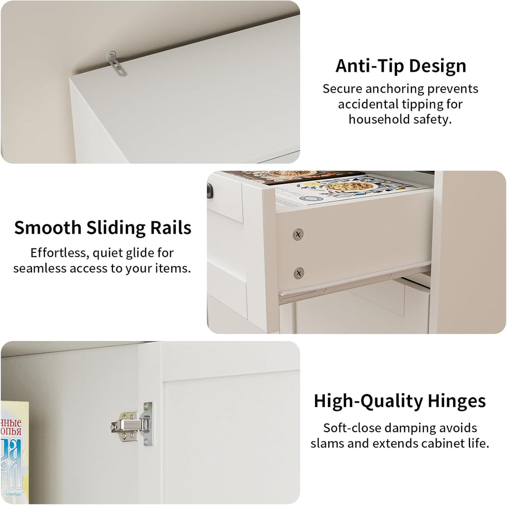 71" Tall Pantry Cabinet with Charging Station, Freestanding Kitchen Pantry Storage Cabinet with Adjustable Shelves & 2 Drawers, Kitchen Hutch with Open Countertop for Dining Room, White