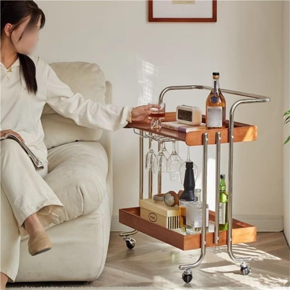 Double-Layer Bar Cart, Modern Bedside Cart with Handle, Side Table with Wheels, Small Tea Cart Suitable for Home, Coffee Shop, Hotel(Natural)