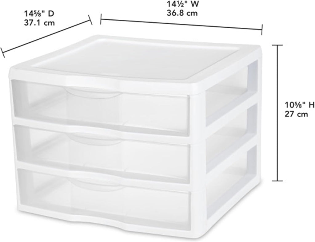 Sterilite 3-Pack Wide 3 Drawer Unit, Plastic Desktop Organizer with Clear Drawers, White Frame - Stackable Multi-Purpose Storage for Office Supplies, Craft Rooms, Classrooms and Home Organization