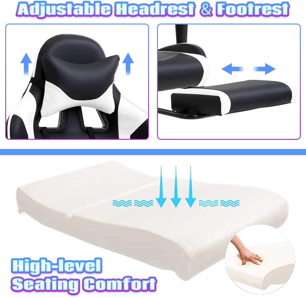PC Gaming Chair Ergonomic Racing Office Chair Video Game Chair, Massage Function Lumbar Support with Arms Footrest & Headrest Nice Chic Desk Chair, Adjustable Home Office Chair - White