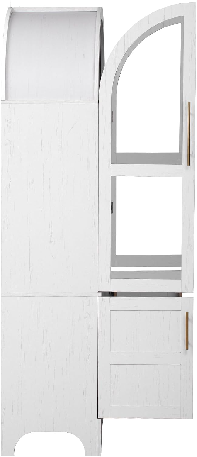 KLMM 71" Tall Arched Kitchen Pantry with Door Shelves,Storage Cabinets with Open & Adjustable Shelves,Hidden Drawer & Glass Door,for Kitchens Dining Room (White#Glass)