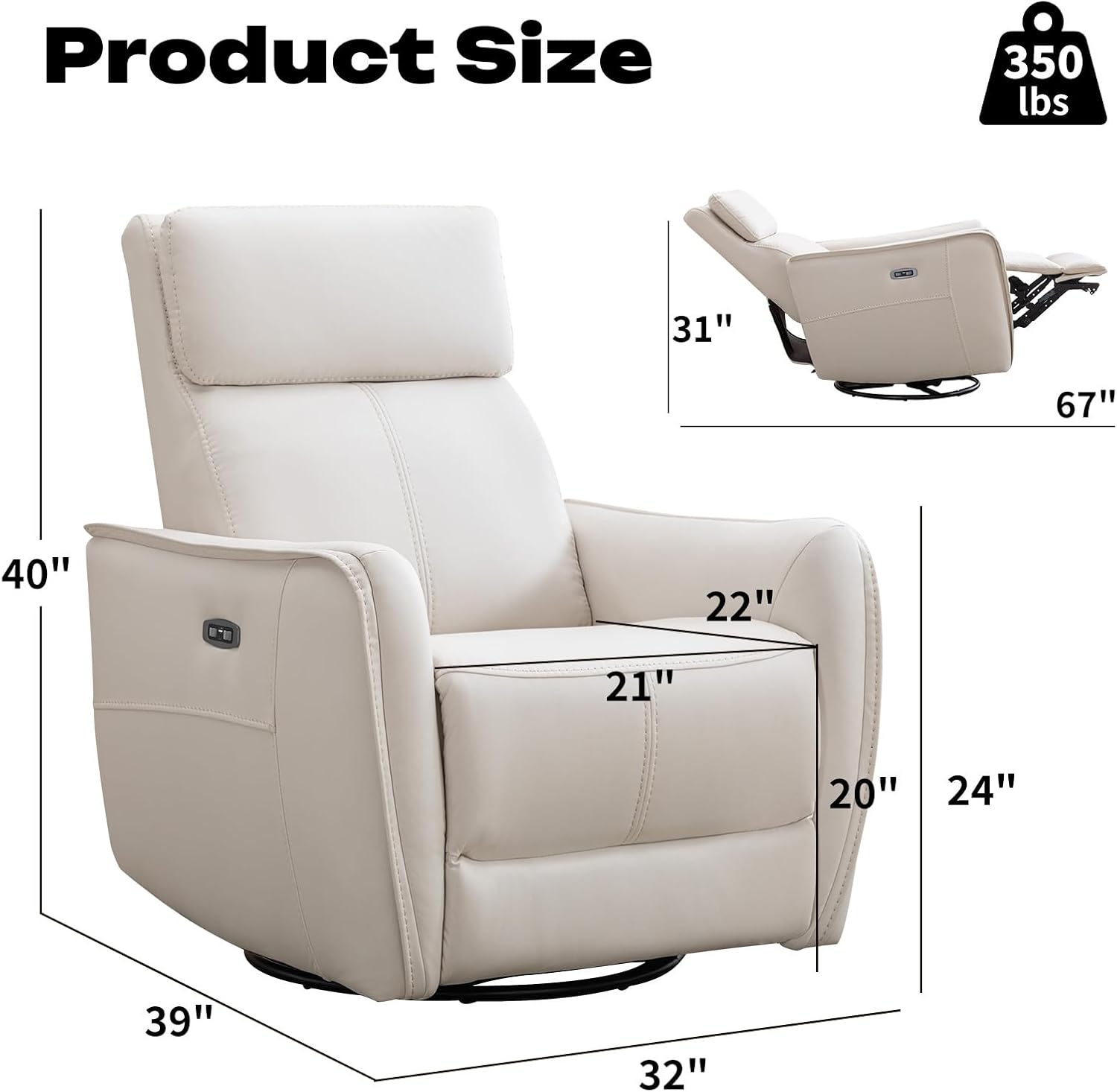 CANMOV Power Recliner Swivel Glider, Electric Swivel Rocker Recliners, Leatheraire Chair, Nursery Rocking Recliner Chair Reclining Sofa for Living Room, USB&Type-C Port, Cream White