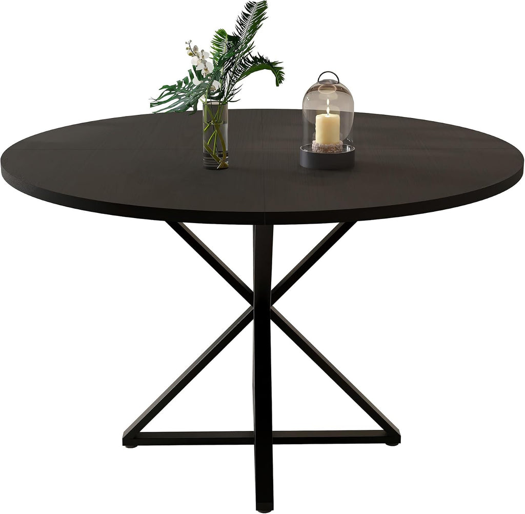 GarveeHome 47 Inch Round Dining Table for 4, Circle Kitchen Table with Pedestal Base, Farmhouse Wooden Dining Table for Small Spaces, Kitchen & Dining Room, Living Room（Black/Only Table）