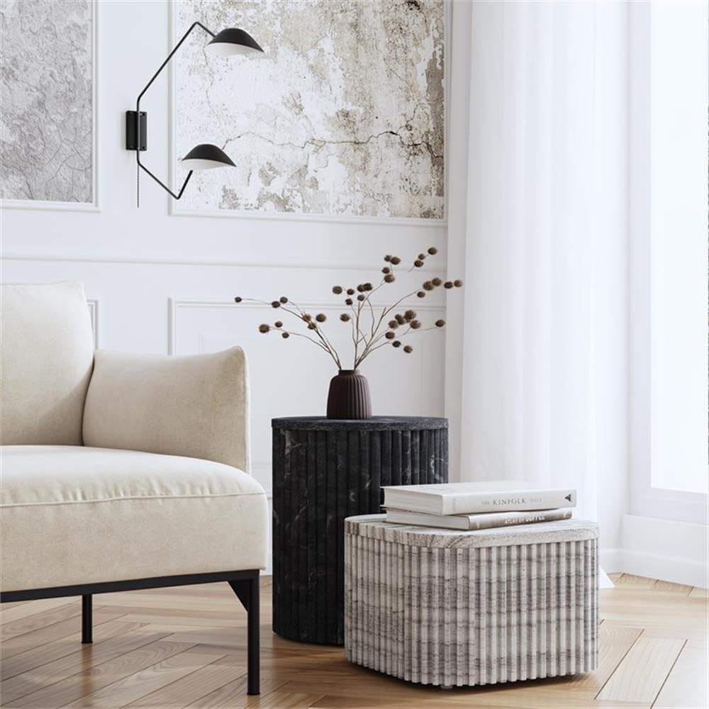 Beaumont Lane Round Marble and Wood Side Table, 15" W x 18" H, Gray and White Finish, Fully Assembled, Drum Base Accent Table for Living Room, Bedroom, or Office