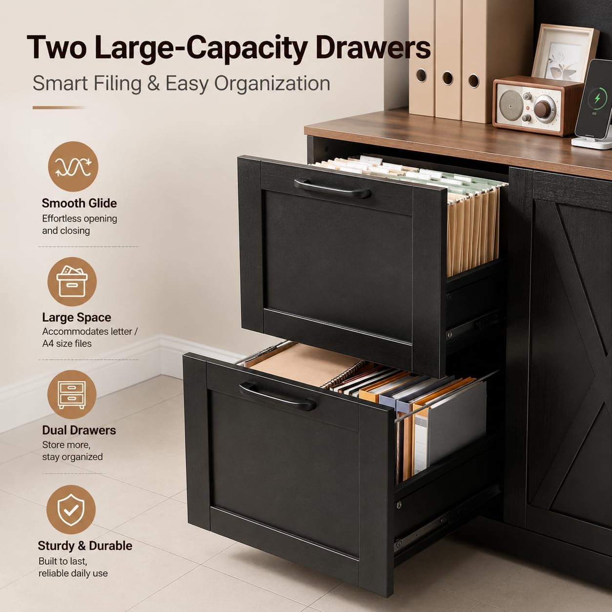 NORTHSKY 72'' Tall Bookshelf with Power Outlet, 2 Drawer File Cabinet for A4 Hanging Files, 3-Tier Open Shelves & Closed Storage Cabinets, Multifunctional Printer Stand - Black