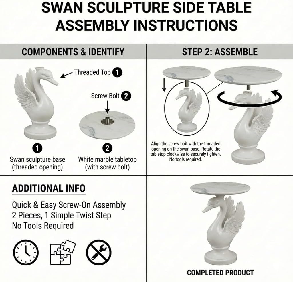 Sculptural Swan Head Side Table, Artistic Animal End Table with Faux Marble Top, Modern Accent Table for Living Room, Unique Home Decor Gift for Housewarming, 19.69" W x 25.5" H
