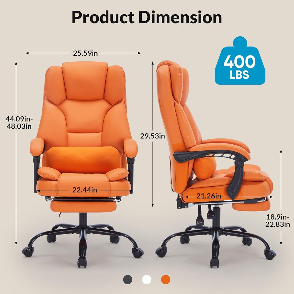 Ergonomic Office Chair with Foot Rest - Reclining Executive Computer Chair with Adjustable Lumbar Support & Arms, 600lbs High Capacity PU Leather Swivel Chair with Wheels (Orange)