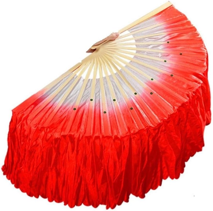 1 Pair Women Short Faux Silk Belly Dance Fan Veils, Dancing Folding Fans for Dance Performance Gradient Color (red)