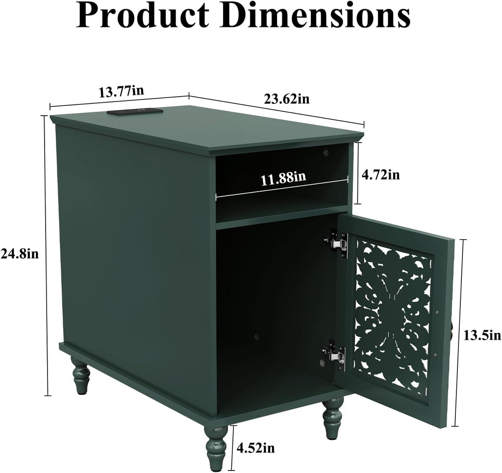 ARTPOWER Narrow Side Table with Charging Station Set of 2, Vintage Carved Door End Table with Storage for Small Spaces, Slim Bedside Table for Living Room, Bedroom, Green