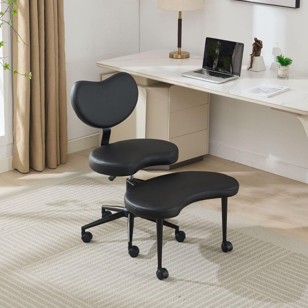 Saiveina Meditation Chair Plus, Cross Legged Chair with Wheels, ADHD Chair, Criss Cross Desk Chair with Lumbar Support and Adjustable Stool, Flexible Design for Fidgety Sitters, Black PU