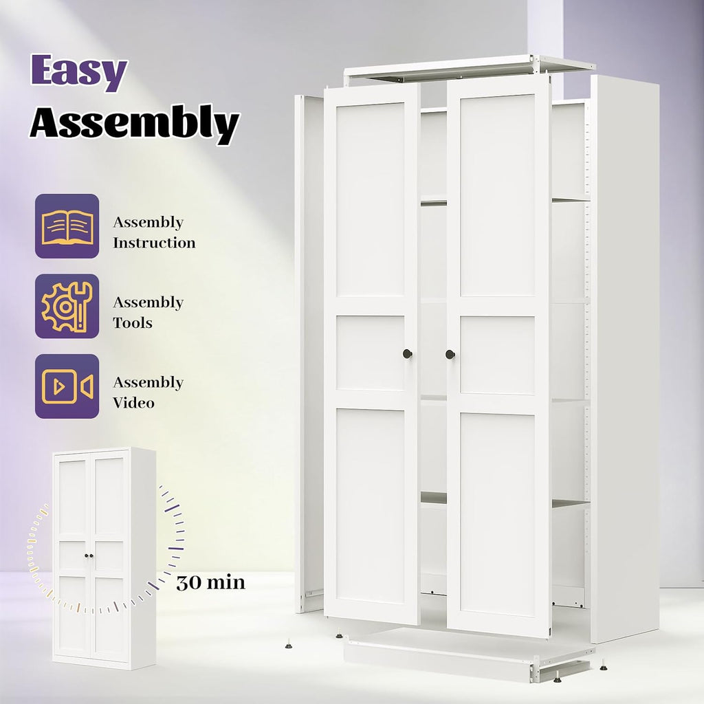 71"Kitchen Pantry Cabinet,White Metal Pantry Cabinet with 2 Doors & 4 Adjustable Shelves,Pantry Cabinets with Gold/Black Handles,Kitchen Cabinet for Dinging Room,Living Room,Assembly Required