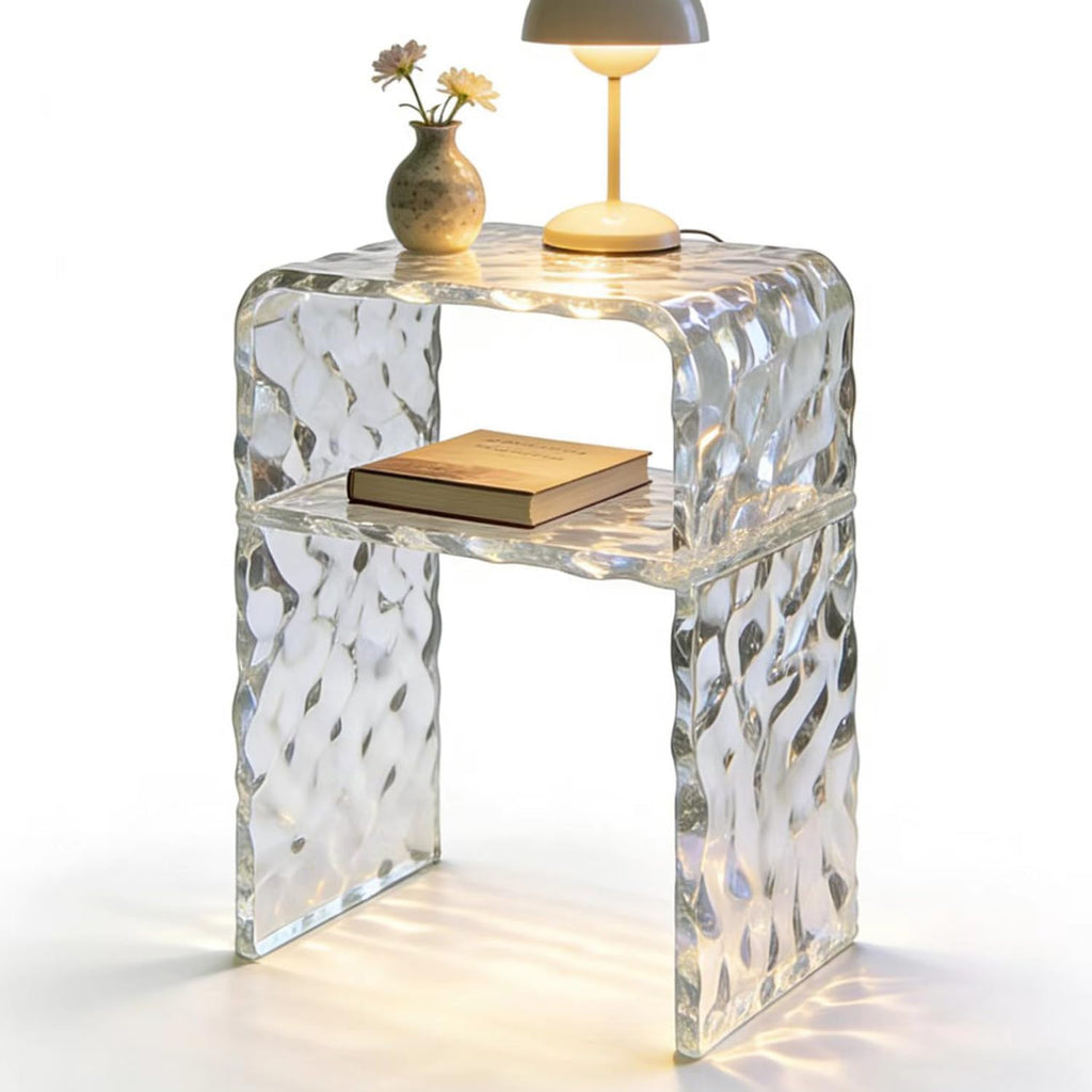 Acrylic 2-Tier End Table – 23.6”H Modern Nightstand with Shelf, Sturdy Bedside Storage for Bedroom, Living Room, Home Office, No Assembly Required (Water Ripple)