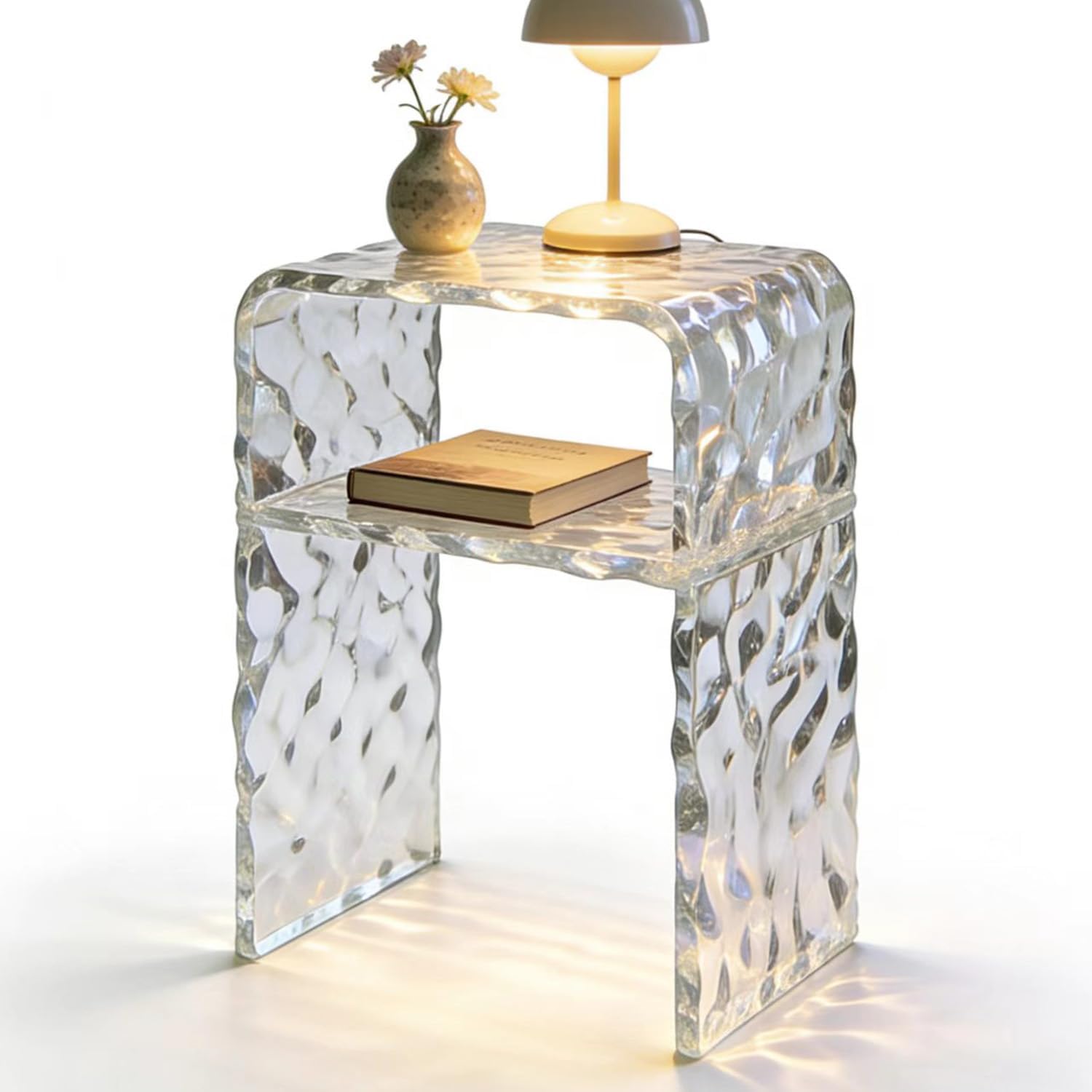 Acrylic 2-Tier End Table – 23.6”H Modern Nightstand with Shelf, Sturdy Bedside Storage for Bedroom, Living Room, Home Office, No Assembly Required (Water Ripple)