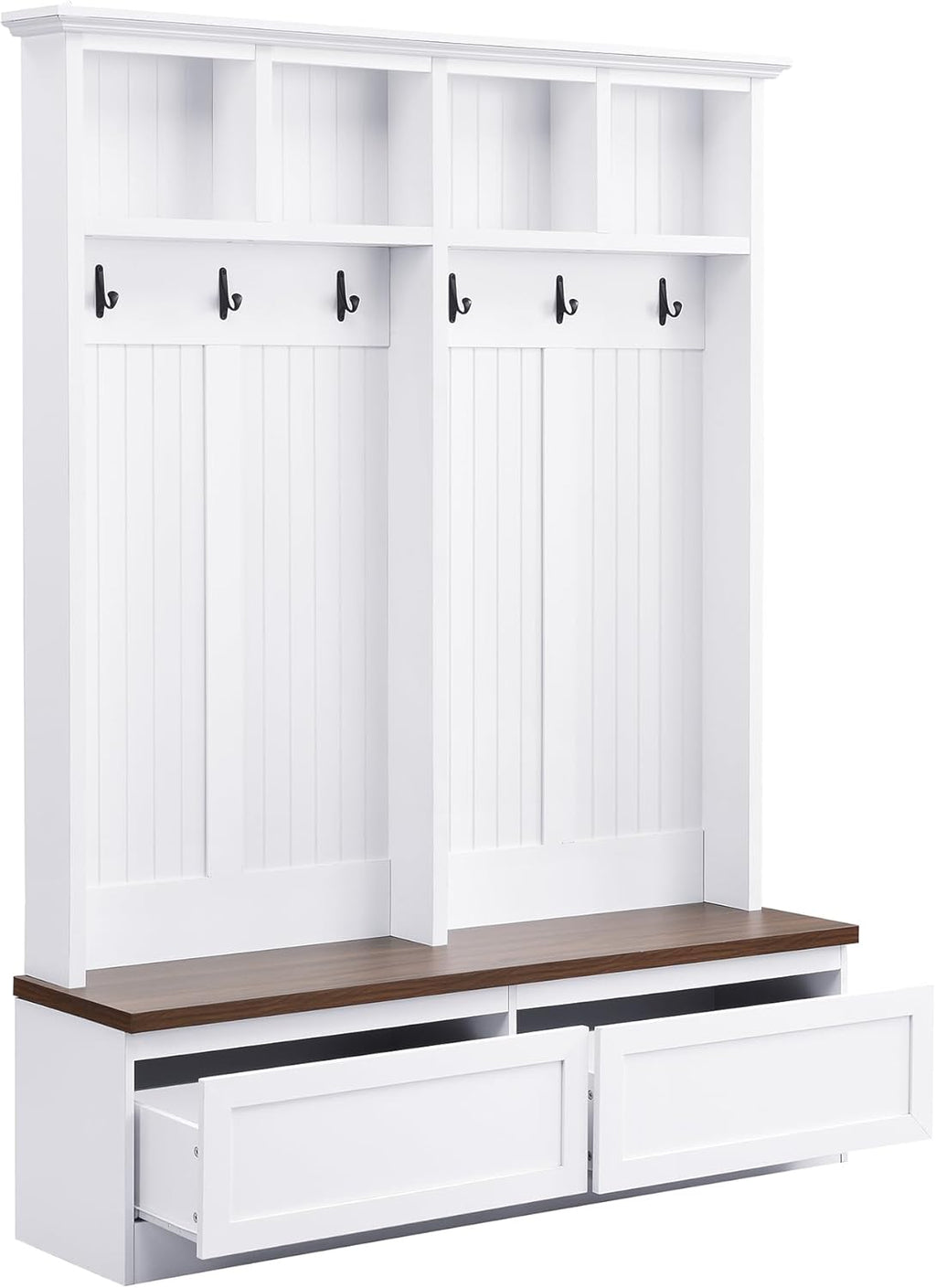 Merax Wood Hall Tree with 6 Hooks & Entryway Bench, Farmhouse Mudroom Versatile Coat Racks with 2 Large Drawers, Entrance Organizer for Hallway, White