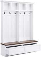 Merax Wood Hall Tree with 6 Hooks & Entryway Bench, Farmhouse Mudroom Versatile Coat Racks with 2 Large Drawers, Entrance Organizer for Hallway, White