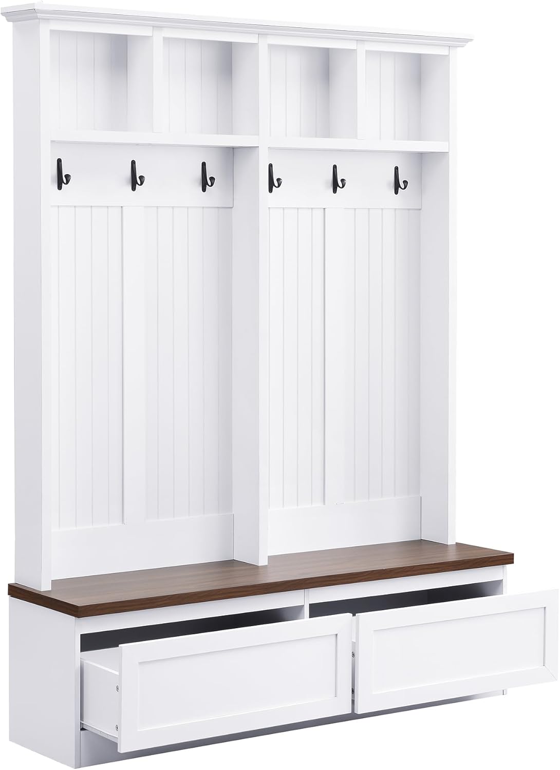 Merax Wood Hall Tree with 6 Hooks & Entryway Bench, Farmhouse Mudroom Versatile Coat Racks with 2 Large Drawers, Entrance Organizer for Hallway, White