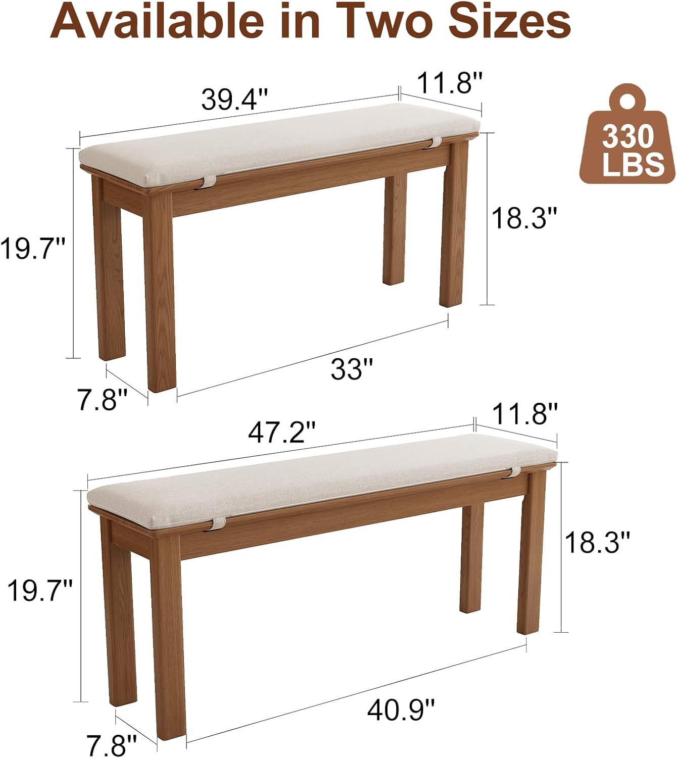 CycleCrew 47.2" Solid Wood Dining Bench with Removable Cushion - Mid-Century Modern Entryway Bench, Extra Height Upholstered Bench for Dining Table, End of Bed, Living Room