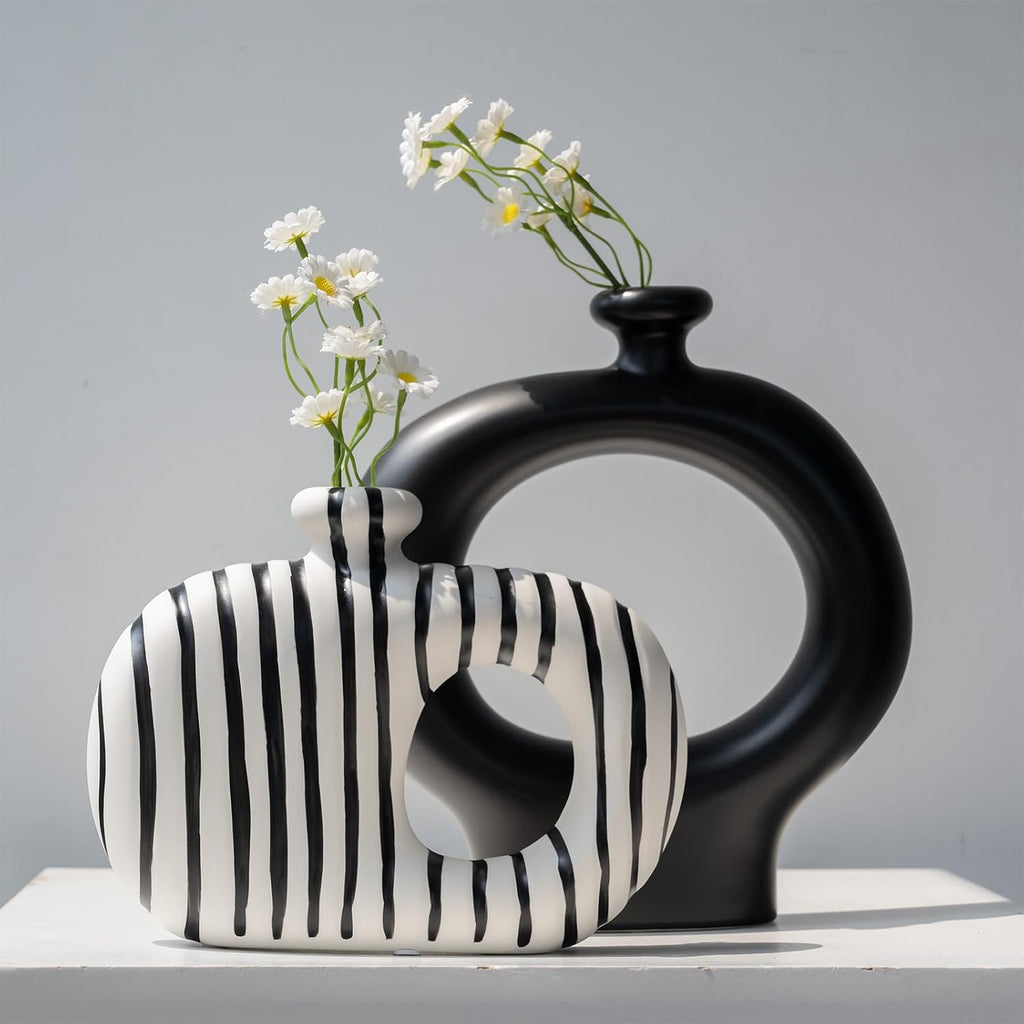 Relexome Donut Vases Set of 2,Black & White Striped Hollow Ceramic Flower Vases,Modern Nordic Minimalist Round Decorative Vase for Pampas Grass,Dried Flowers,Living Room,Table Centerpiece & Home Decor