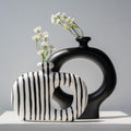 Relexome Donut Vases Set of 2,Black & White Striped Hollow Ceramic Flower Vases,Modern Nordic Minimalist Round Decorative Vase for Pampas Grass,Dried Flowers,Living Room,Table Centerpiece & Home Decor